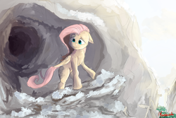 Size: 1800x1200 | Tagged: safe, artist:miokomata, fluttershy, pegasus, pony, cave, floppy ears, snow, solo