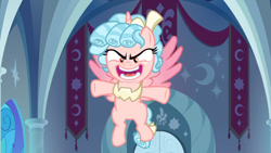 Size: 1366x768 | Tagged: safe, screencap, cozy glow, alicorn, pony, the ending of the end, alicornified, banner, cozycorn, crescent moon, evil laugh, flying, laughing, moon, pure concentrated unfiltered evil of the utmost potency, pure unfiltered evil, race swap, solo