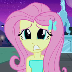 Size: 640x640 | Tagged: safe, screencap, fluttershy, equestria girls, clothes, cropped, crying, dress, fall formal outfits, solo, statue