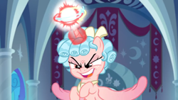 Size: 1366x768 | Tagged: safe, screencap, cozy glow, alicorn, pony, the ending of the end, alicorn magic, alicornified, archway, aura, banner, cozycorn, crescent moon, evil, faic, magic, maniacal, moon, orb, powerful, pure concentrated unfiltered evil of the utmost potency, pure unfiltered evil, race swap, sinister, solo, stained glass window