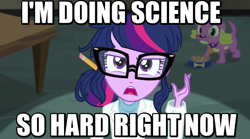 Size: 640x357 | Tagged: safe, derpibooru import, screencap, sci-twi, spike, spike the regular dog, twilight sparkle, dog, equestria girls, rainbow rocks, bino the elephant, caption, filmcow, glasses, image macro, meme, science