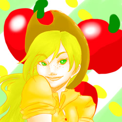 Size: 640x640 | Tagged: safe, artist:animecreator, applejack, human, apple, humanized, solo