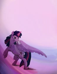 Size: 1169x1510 | Tagged: safe, artist:bokkitoki, derpibooru import, twilight sparkle, twilight sparkle (alicorn), alicorn, abstract background, digital painting, glowing horn, horn, rearing, solo, spread wings, wallpaper, wings