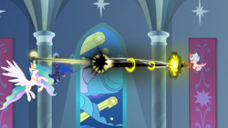 Size: 1366x768 | Tagged: safe, screencap, cozy glow, alicorn, pony, the ending of the end, alicornified, archway, banner, bell, blast, cozycorn, dark magic, flying, grogar's bell, halo, levitation, light magic, magic, magic beam, magic blast, pure concentrated unfiltered evil of the utmost potency, pure unfiltered evil, race swap, stained glass, stained glass window, telekinesis