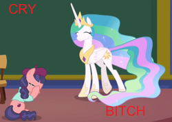 Size: 828x590 | Tagged: safe, edit, edited screencap, screencap, princess celestia, raspberry beret, alicorn, earth pony, pony, horse play, season 8, spoiler:s08, cropped, cry bitch, crying, happy, meme, princess, sad, smiling, vulgar