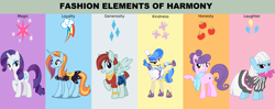 Size: 3348x1332 | Tagged: safe, artist:3d4d, photo finish, rarity, sapphire shores, sassy saddles, suri polomare, valley glamour, pony, unicorn, alternate mane six, alternate universe, elements of harmony, generosity, honesty, kindness, laughing, loyalty, magic, the fashion six