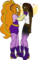 Size: 658x1030 | Tagged: safe, artist:shennanigma, adagio dazzle, oc, oc:april, equestria girls, commission, duo, duo female, female, hands on face, human oc, hypnosis, simple background, singing, transformation, transparent background, twinning