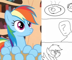 Size: 666x550 | Tagged: safe, artist:hyolark, derpibooru import, edit, edited screencap, screencap, rainbow dash, oc, oc:anon, human, pegasus, pony, testing testing 1-2-3, comic, egg, fried egg, smiling, solo