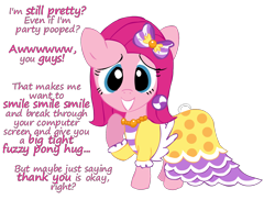 Size: 1528x1111 | Tagged: safe, artist:newportmuse, part of a series, part of a set, pinkie pie, earth pony, pony, alternate hairstyle, beautiful, breaking the fourth wall, bronybait, clothes, dialogue, dress, everypony is beautiful, gala dress, looking at you, pinkamena diane pie, raised hoof, simple background, smiling, solo, transparent background