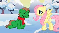 Size: 1190x670 | Tagged: safe, fluttershy, oc, oc:ian, earth pony, pegasus, pony, canon x oc, cheering up, clothes, eyes closed, female, floppy ears, frown, male, mare, ms paint, rankin/bass, sad, scarf, self insert, shipping, sitting, smiling, snow, spread wings, stallion, trace, winter