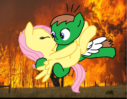 Size: 964x750 | Tagged: artist needed, safe, fluttershy, oc, oc:ian, pegasus, pony, canon x oc, carrying, eyes closed, female, fire, flying, forest, forest fire, hug, kissing, male, mare, ms paint, self insert, shipping, spread wings, stallion, straight, trace