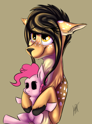 Size: 1280x1720 | Tagged: safe, artist:hispushkaa, pinkie pie, oc, oc only, deer, earth pony, pony, black sclera, plushie, solo