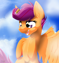 Size: 3765x4000 | Tagged: safe, artist:ralek, scootaloo, pegasus, pony, chest fluff, cloud, female, filly, flying, happy, open mouth, scootaloo can fly, sky, solo, spread wings, starry eyes, wingding eyes, wings