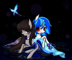 Size: 1200x1000 | Tagged: safe, artist:littlepinkamena, dj pon-3, octavia melody, vinyl scratch, butterfly, earth pony, pony, clothes, dress, female, lesbian, scratchtavia, shipping, smiling