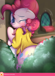 Size: 992x1346 | Tagged: safe, artist:sip, pinkie pie, earth pony, pony, bush, clothes, crying, female, looking at you, looking back, mare, one eye closed, patreon, patreon logo, shirt, solo