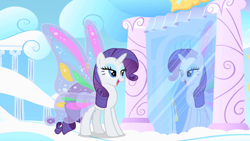 Size: 1280x720 | Tagged: safe, screencap, rarity, pony, unicorn, sonic rainboom (episode), female, glimmer wings, mare, mirror, reflection, solo