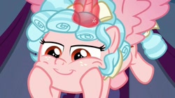 Size: 1280x720 | Tagged: safe, screencap, cozy glow, alicorn, pony, the ending of the end, alicornified, bow, cozycorn, curly hair, evil cuteness, female, filly, flying, freckles, glowing horn, hair bow, horn, looking down, pure concentrated unfiltered evil of the utmost potency, pure unfiltered evil, race swap, smug, solo, spoiled brat, spread wings, wings