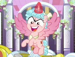 Size: 876x663 | Tagged: safe, screencap, cozy glow, alicorn, pony, the ending of the end, alicornified, cozy glow is best facemaker, cozycorn, cropped, faic, female, filly, looking at you, open mouth, pure concentrated unfiltered evil of the utmost potency, pure unfiltered evil, race swap, royal guard, solo focus, spread wings, wings