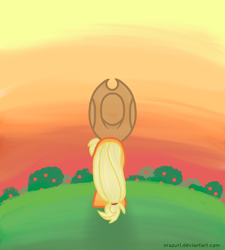 Size: 1536x1706 | Tagged: safe, artist:xrazuri, applejack, earth pony, pony, apple orchard, solo, sunset