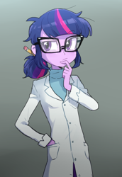 Size: 688x1000 | Tagged: safe, artist:baekgup, derpibooru import, sci-twi, twilight sparkle, equestria girls, rainbow rocks, female, glasses, solo, thinking