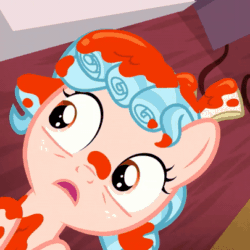 Size: 405x405 | Tagged: safe, screencap, cozy glow, pegasus, pony, marks for effort, animated, bow, cozybetes, cropped, curly hair, cute, eyes rolling back, female, filly, freckles, gif, giggling, hair bow, laughing, looking back, looking up, lying down, messy, messy mane, not blood, o.o, on back, on floor, out of context, paint, paint on fur, paint on hooves, pure concentrated unfiltered evil of the utmost potency, pure unfiltered evil, solo, sweet apple acres, sweet apple acres barn