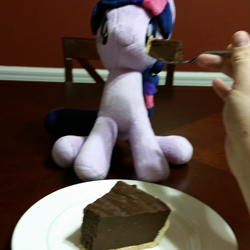 Size: 747x747 | Tagged: safe, derpibooru import, twilight sparkle, 4de, blurry, hand, irl, photo, pie, plushie, table, waifu dinner