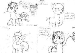 Size: 2330x1653 | Tagged: safe, artist:merkleythedrunken, apple bloom, pinkie pie, oc, oc:nudie, pegasus, pony, bald, facial hair, furless, hairless, headphones, monochrome, moustache, sketch, sketch dump