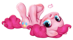 Size: 800x448 | Tagged: safe, artist:catmag, pinkie pie, earth pony, pony, blushing, chibi, cute, diapinkes, legs in air, looking at you, on back, open mouth, simple background, smiling, solo, underhoof, white background