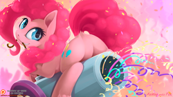 Size: 1300x731 | Tagged: safe, artist:arctic-fox, pinkie pie, earth pony, pony, cute, diapinkes, dock, featureless crotch, female, looking back, mare, mouth hold, party cannon, patreon, patreon logo, plot, rear view, solo, streamers