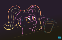 Size: 461x298 | Tagged: safe, artist:quint-t-w, luster dawn, pony, unicorn, the last problem, chocolate, chocolate milk, exploitable meme, gradient background, lip bite, meme, milk, nervous, nervous sweat, pure unfiltered evil, solo, spilled milk, sweat, this will end in spilled milk