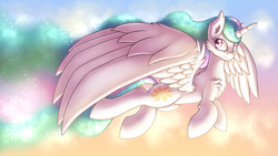 Size: 1920x1080 | Tagged: safe, artist:shad0w-galaxy, princess celestia, alicorn, pony, cheek fluff, chest fluff, female, flying, mare, missing accessory, solo