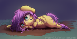 Size: 1024x518 | Tagged: safe, artist:sverre93, fluttershy, pegasus, pony, crying, folded wings, mud, prone, sad, solo, teary eyes, wide eyes
