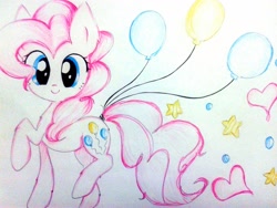 Size: 2048x1536 | Tagged: safe, artist:liaaqila, pinkie pie, earth pony, pony, balloon, cute, heart, looking at you, love, pinkamena diane pie, smiling, solo, stars, traditional art