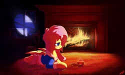 Size: 2000x1200 | Tagged: safe, artist:freeedon, fluttershy, pegasus, pony, blue sweater, blushing, bottomless, carpet, chin fluff, clothes, colored pupils, cookie, cup, cute, ear fluff, female, fire, fireplace, fluffy, food, indoors, mare, neck fluff, night, on floor, partial nudity, pink hair, pink mane, pink tail, prone, rug, shyabetes, smiling, solo, story in the source, sweater, sweatershy, tea, teacup, window light, yellow coat