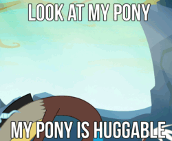 Size: 592x486 | Tagged: safe, edit, edited screencap, screencap, discord, fluttershy, pegasus, pony, to where and back again, animated, caption, cute, discute, eyes closed, floppy ears, folded wings, gif, happy, holding a pony, hug, image macro, look at my horse, meme, one eye closed, open mouth, smiling, wink