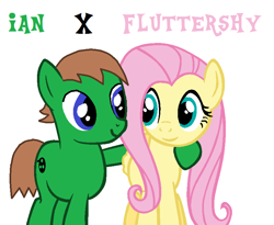 Size: 812x666 | Tagged: safe, fluttershy, oc, oc:ian, earth pony, pegasus, pony, arm around neck, base used, canon x oc, looking at each other, male, ms paint, self insert, shipping, simple background, smiling, specific name, straight, white background
