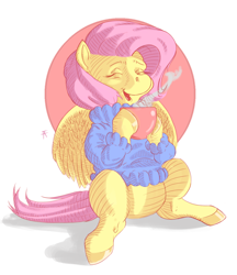 Size: 1080x1250 | Tagged: safe, artist:mongol, fluttershy, pegasus, pony, blue sweater, bottomless, clothes, digital art, eyes closed, featureless crotch, female, hoof hold, mare, mug, open mouth, partial nudity, pink hair, pink mane, pink tail, sitting, solo, sweater, sweatershy, turtleneck, yellow coat