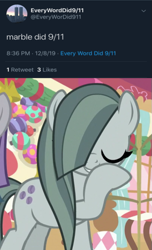 Size: 435x717 | Tagged: safe, edit, edited screencap, editor:countcoltnackh, screencap, marble pie, maud pie, earth pony, best gift ever, 9/11, cropped, cute, exploitable meme, giggling, grin, marblebetes, meme, meta, pure unfiltered evil, smiling, sugarcube corner, twitter