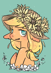 Size: 1280x1810 | Tagged: safe, artist:swampyfish, applejack, earth pony, pony, floppy ears, floral head wreath, solo