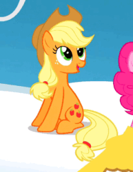 Size: 328x425 | Tagged: safe, screencap, applejack, pinkie pie, earth pony, pony, sonic rainboom (episode), :d, animated, blinking, cropped, cute, gif, jackabetes, looking up
