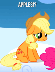 Size: 421x558 | Tagged: safe, edit, screencap, applejack, pinkie pie, earth pony, pony, sonic rainboom (episode), animated, blinking, caption, cropped, cute, gif, happy, jackabetes, text, that pony sure does love apples