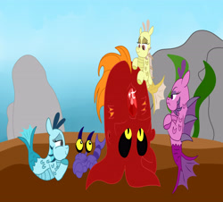 Size: 4709x4250 | Tagged: safe, artist:toon-n-crossover, adagio dazzle, aria blaze, crank, sonata dusk, squirk, lobster, siren, g1, absurd resolution, children, flash stone, g1 to g4, generation leap, kraken, the dazzlings, young