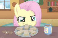 Size: 4000x2640 | Tagged: safe, artist:fladdrarblyg, derpibooru import, fluttershy, pegasus, pony, discordant harmony, cucumber sandwiches, cute, discord lamp, evil smirk, female, food, high res, looking at something, mare, pure unfiltered evil, sandwich, scene interpretation, shyabetes, smiling, solo, speedpaint