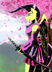 Size: 2000x2800 | Tagged: safe, artist:mopyr, fluttershy, anthro, badass, clothes, flutterbadass, katana, kimono (clothing), solo, sword, weapon