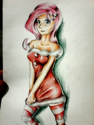 Size: 1920x2560 | Tagged: safe, artist:nolyanimeid, fluttershy, human, christmas, clothes, dress, humanized, socks, solo, striped socks, traditional art