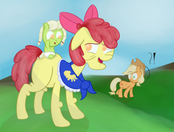 Size: 1650x1250 | Tagged: safe, artist:vengefulstrudel, apple bloom, applejack, granny smith, earth pony, pony, adult blank flank, age progression, age regression, elderly, exclamation point, foal, interrobang, question mark, role reversal, young granny smith