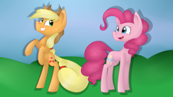 Size: 1024x576 | Tagged: safe, artist:despotshy, applejack, pinkie pie, earth pony, pony, duo, female, mare, rearing