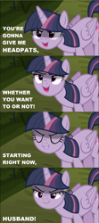 Size: 1280x2872 | Tagged: safe, edit, edited screencap, screencap, mean twilight sparkle, the mean 6, caption, cropped, evil grin, eyes closed, grin, image macro, kubrick stare, lidded eyes, meme, open mouth, pure unfiltered evil, sinister, smiling, solo, text