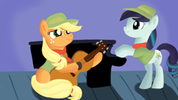 Size: 1280x720 | Tagged: safe, artist:jbond, applejack, coloratura, earth pony, pony, clothes, filly, guitar, hat, piano, rara, scout uniform, younger