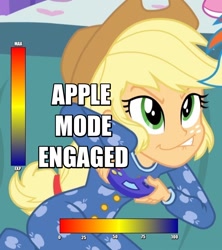 Size: 960x1080 | Tagged: safe, applejack, equestria girls, clothes, controller, female, the completionist